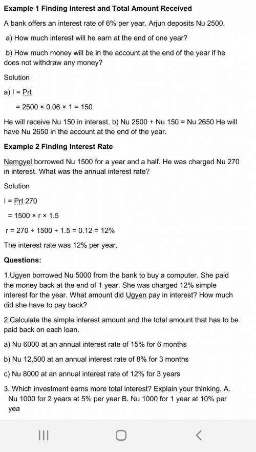 Using those examples,can you please solve;

1.Which investment earns more total interest? A.Nu 100