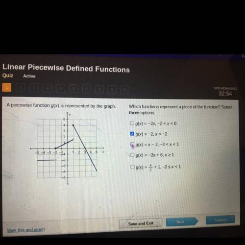 A piecewise function g(x) is represented by the graph

Which functions represent a piece of the fu