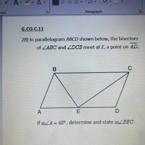 In parallelogram ABCD shown below, the bisectors of ZABC and ZDCB meet at E, a point on AD..If mZA