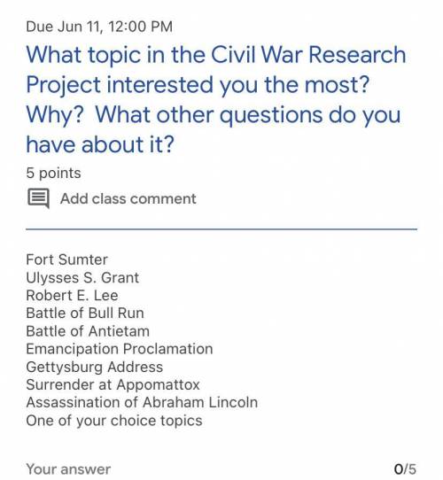 What topic in the Civil War Research Project interested you the most? Why? What other questions do