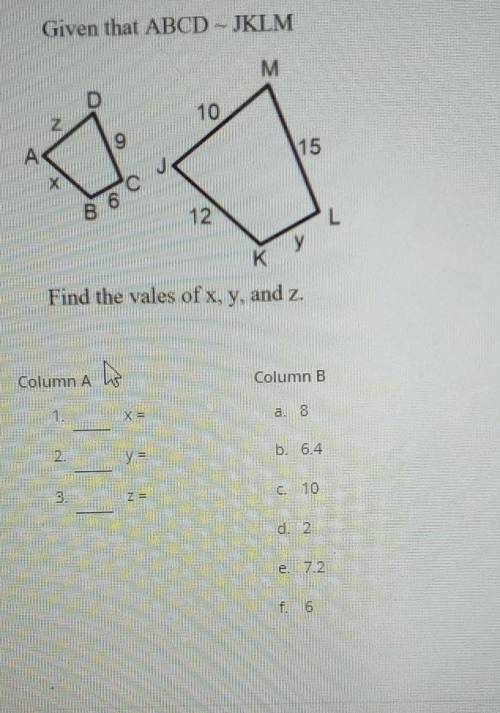Given that abcd ~Jklm. Find the value of x, y, and z​