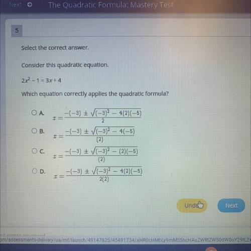 Consider this a quadratic equation. Which equation correctly applies the quadratic formula?