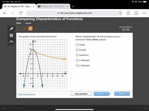I'm timed helpp. The graphs of two functions are shown. Which characteristics do the functions have