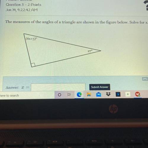 The measures of the angles of a triangle are shown in the figure. solve for x