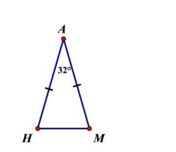 In isosceles △HAM, m∡A =32°, . What is m∠H?

32°32 degrees
58°58 degrees
74°74 degrees
148°