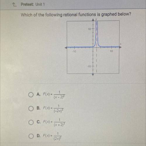 Which of the following rational functions is graphed below?

10
- 10
10
-10
(x - 2)²
O A. F(x) =