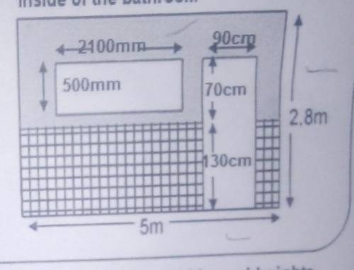 Calculate the area of the bottom section of the front wall that

must be tiled (in m%), correct to