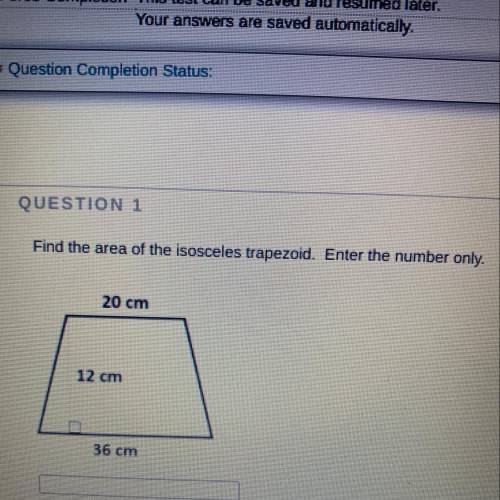 Find the area of the isosceles trapezoid. Enter the number only.

20 cm
12 cm
36 cm
Help me out pl