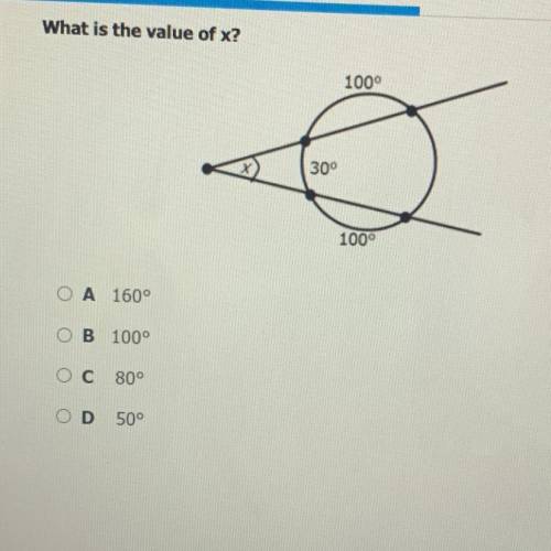 What is the value of x?

1000
+
300
1000
O A 160°
o
B 100°
Ос
800
10
OD
50°