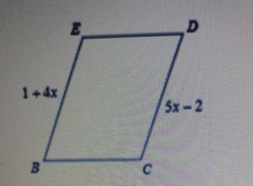 Given parallelogram BCDE

what is the equation to find x?what is x?what is length of side CD?pleas