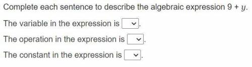 Complete each sentence to describe the algebraic expression 9 + y.

The variable in the expression