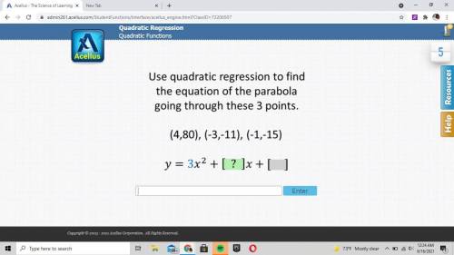 Please help. I'm not getting this. Use quadratic regression to find the equation of the parabola go