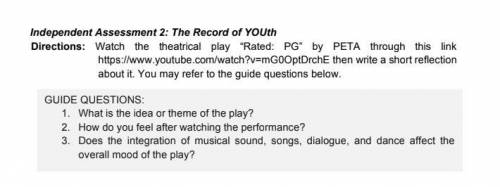 GUIDE QUESTIONS:

1. What is the idea or theme of the play?
2. How do you feel after watching the