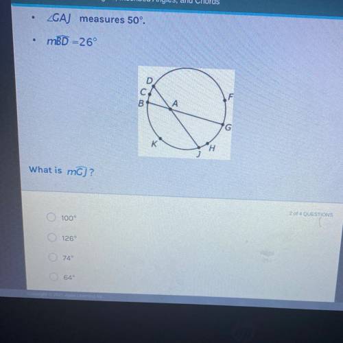 CAJ measures 50'.
mBD -26°
What is mc)?
100
126
74°
64°