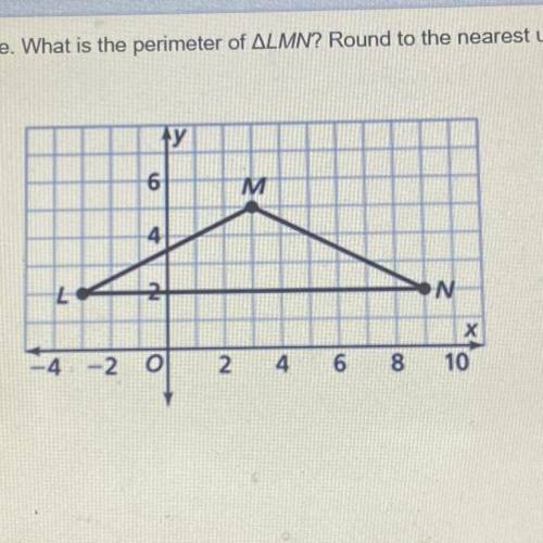 Lana draws ALMN on the coordinate plane. What is the perimeter of ALMN? Round to the nearest unit.
