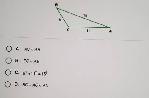 Which of the following statements justifies why the triangle shown below is not a right triangle? ​