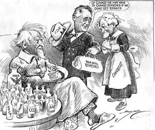 View the following political cartoon on the New Deal. Analyze the cartoon. Explain who is the patie
