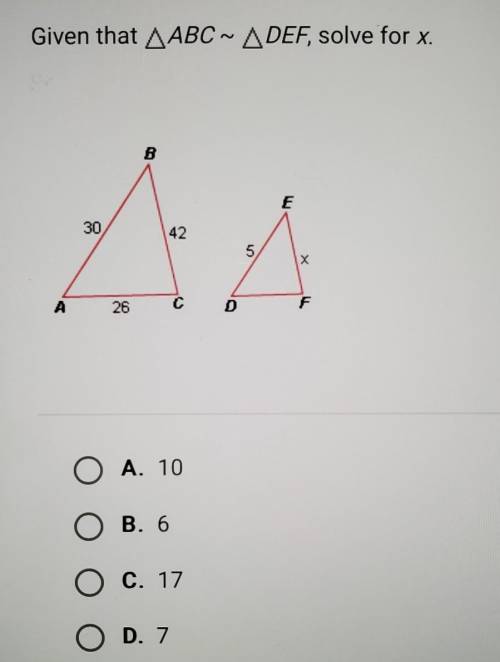 Given that AABC~ ADEF, solve for x.​