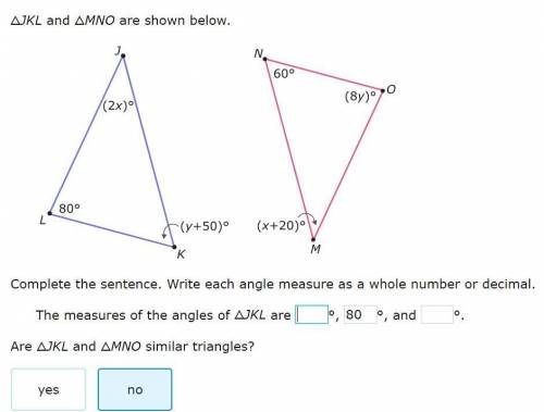I need help right now!!!

△JKL and △MNO are shown below.Complete the sentence. Write each angle me