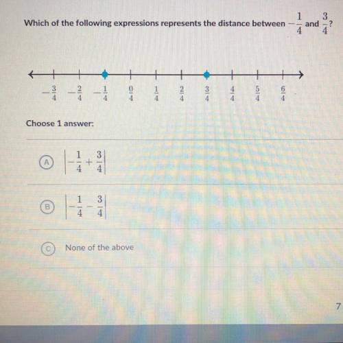 Which of the following expressions represents the distance between-1/4 and 3/4