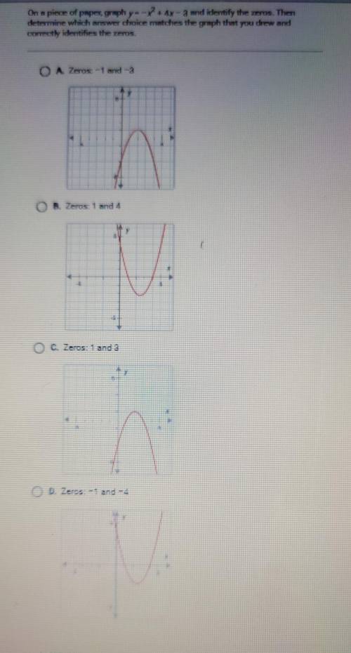 On a piece of paper, graph y = -x2 + 4x - 3 and identify the zeros. Then determine which answer cho