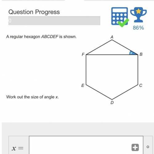 A regular hexagon abcdef is shown. Work out the size of angle x
Please help