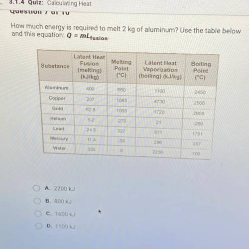 L 3.1.4 Quiz: Calculating Heat

How much energy is required to melt 2 kg of aluminum? Use the tabl