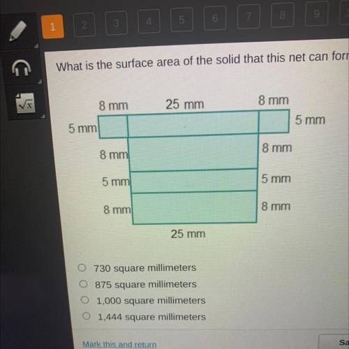 What is the surface area of the solid that this net can form?

8 mm
25 mm
8 mm
5 mm
5 mm
8 mm
8 mm