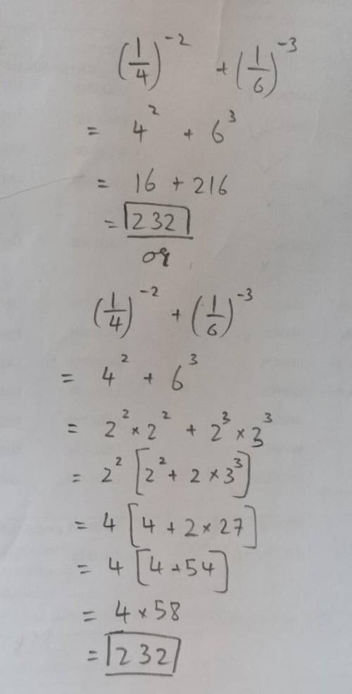 Simplify (¼)^-2 + (1/6)^-3