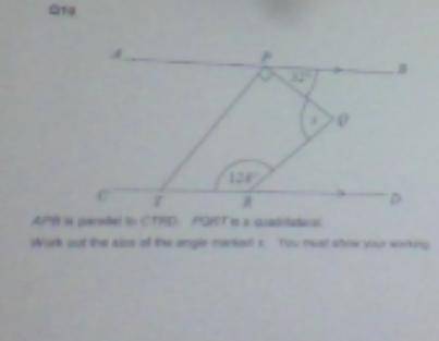 APB is parallel to CTRD. PQRT is a quadrilateral. work out the size of the angle marked x you must