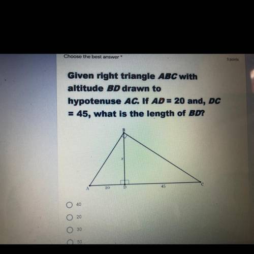 Given right triangle ABC with altitude BD drawn to hypotenuse AC
