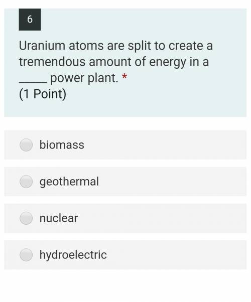 Uranium atoms are split to create a tremendous amount of energy in a _____ power plant. Help now i