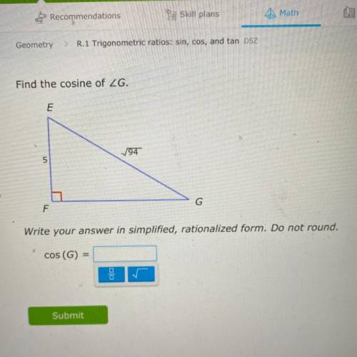 NEED HELP ASAP!! Find the cosine of G