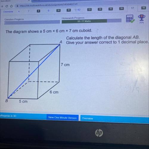 Calculate the length of the diagonal AB.
Give your answer correct to 1 decimal place.