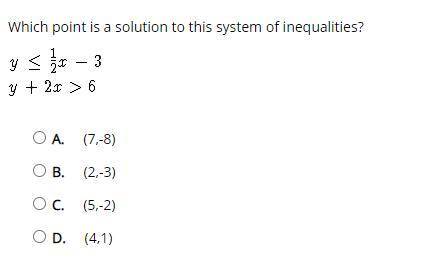 Help please
Which point is a solution to this system of inequalities? 
look at png