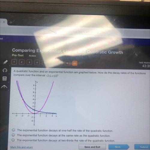 44.3

A quadratic function and an exponential function are graphed below. How do the decay rates o