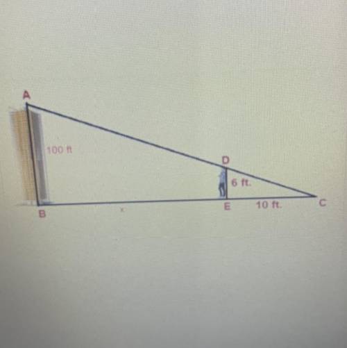 Find the distance from the person to the tower, given that the nested triangles are similar.

PLEA
