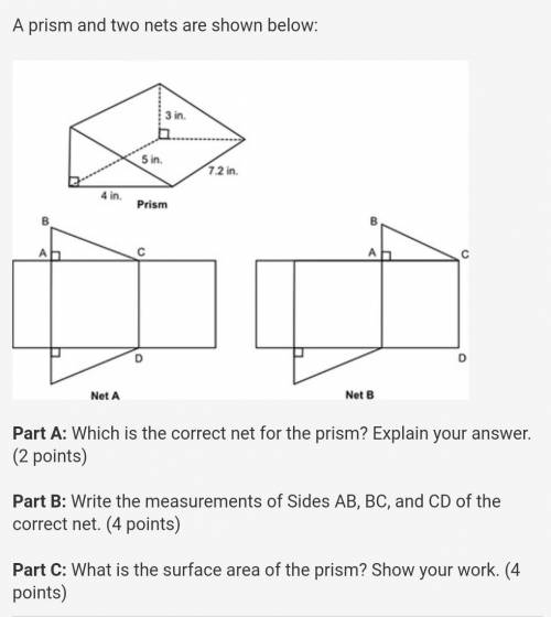 A prism and two nets are shown below: 3 in. 5 in. 7.2 in. 4 in. Prism B В B A с А D D Net A Net B P
