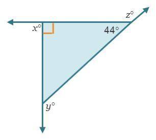 What is the measure of each exterior angle of the right triangle?
x = 
y = 
z =