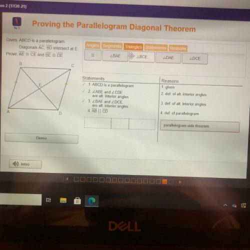 Angles segments Thangles Statements Reasons

Given ABCD is a parallelogram.
Diagonals AC, BD inter