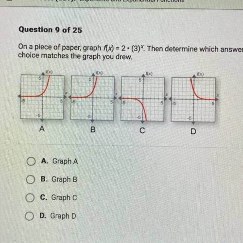 On a piece of paper, graph f(x) = 2 · (3)*. Then determine which answer

choice matches the graph