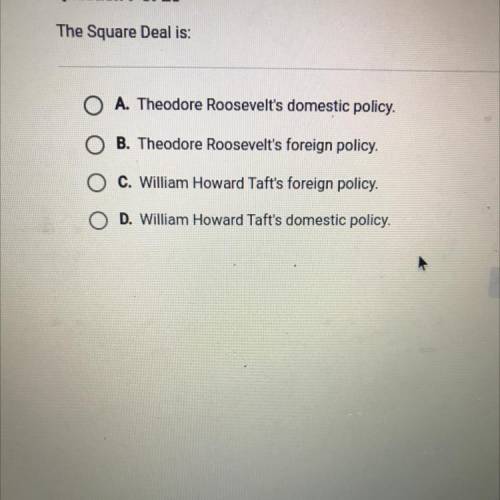 The Square Deal is:

O A. Theodore Roosevelt's domestic policy.
O B. Theodore Roosevelt's foreign