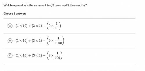 Which expression is the same as 1 ten, 3 ones, and 9 thousandths?
Choose 1
