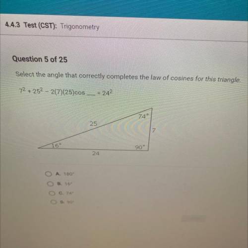 Select the angle that correctly completes the law of cosines for this triangle.