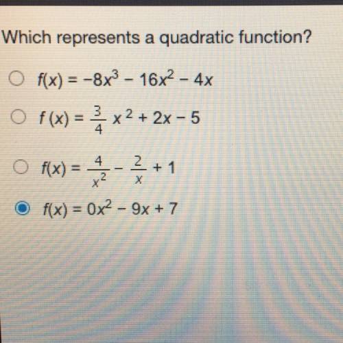 Which represents a quadratic function?

f(x) = -8X^3 – 16x^2 - 4x
f(x) = 3/4+ x^2 - 5
f(x) = 4/x^2