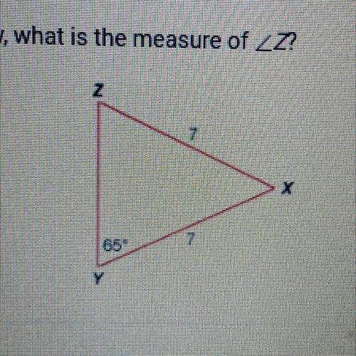In the triangle below, what is the measure of Z?
A. 90°
B. 7°
C. 65°
D. 50°