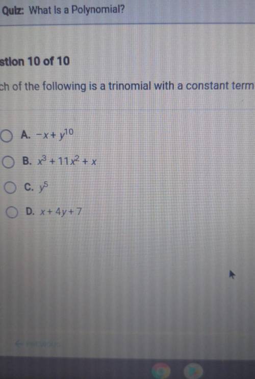 Which of the following is a trinomial with a constant term?

A. -x + y^10b x^3 + 11x2+xc y^5D x+ 4