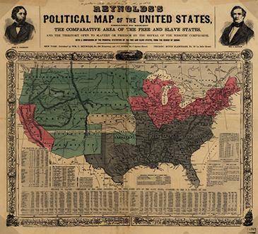 Reynolds's Political Map of the United States shows free states, slave states, and areas open to b