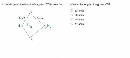 In the diagram, the length of segment TQ is 40 units. Line m is a perpendicular bisector of line se