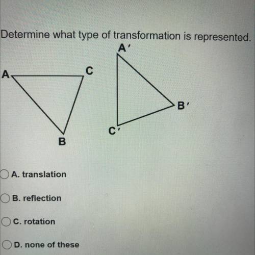 Determine what type of transformation is represented.

A. translation
B. reflection
C. rotation
D.